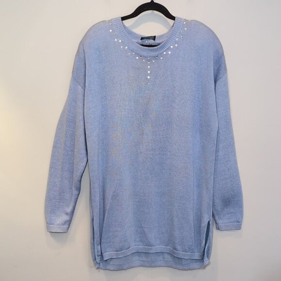 Vintage 80s Jewel Neck Sweater Knit Pullover Soft Blue Embellished Tunic - Picture 16 of 16